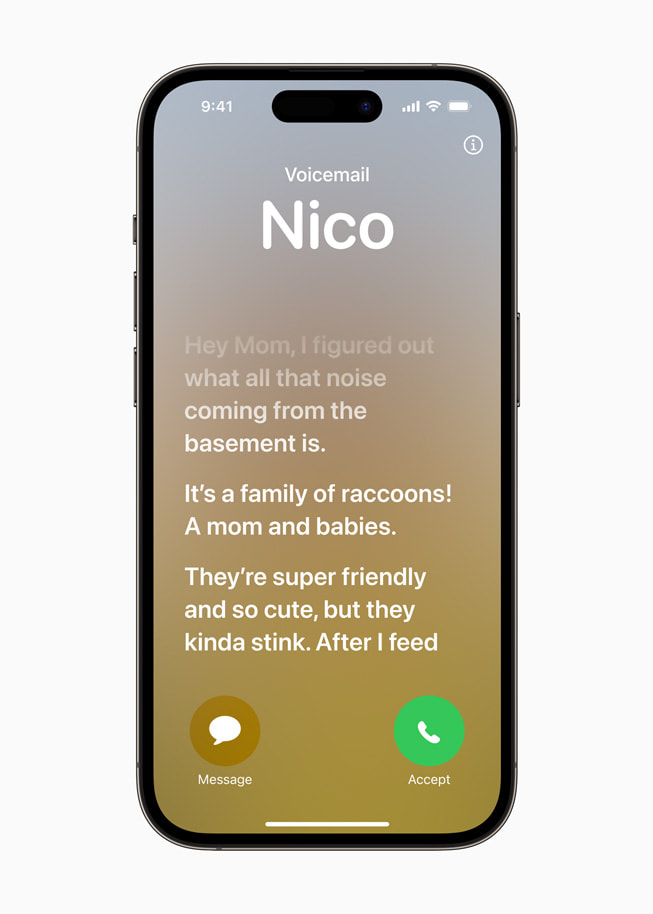 نسخة Live Voicemail النصية من Nico معروضة على iPhone 14 Pro.