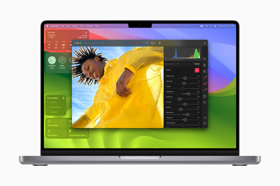 A Darkroom project with widgets in the background, displayed on MacBook Pro with macOS Sonoma.