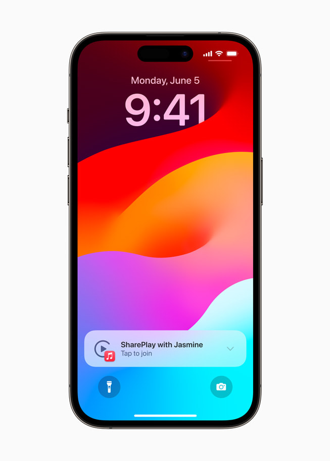 iPhone 14 Pro shows a SharePlay notification from Jasmine and says “Tap to join.”