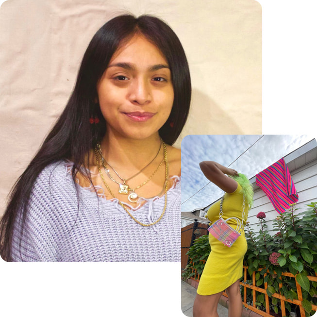 A portrait of Jazmin Delgado with an image she shot for her bag brand, Fiera.