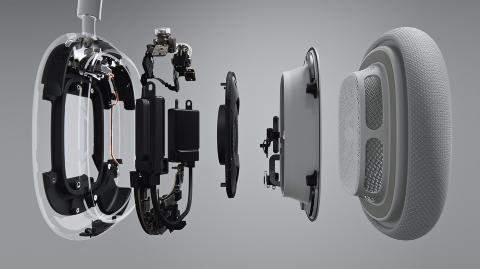Internal components of AirPods Max spaced out horizontally.