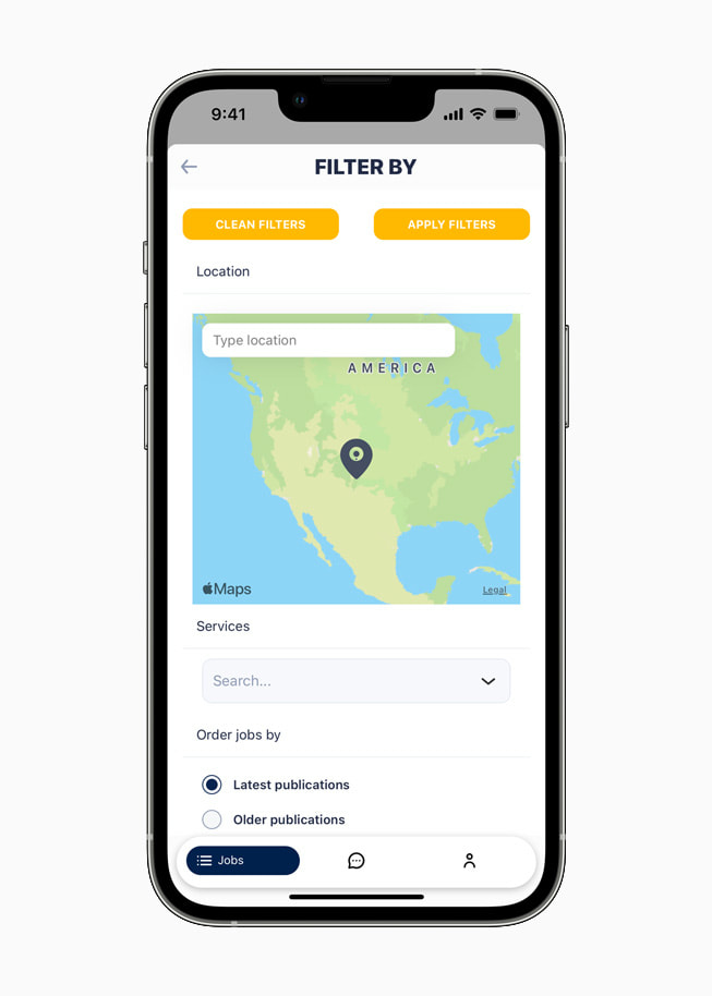 Filter options on the Chamba app.