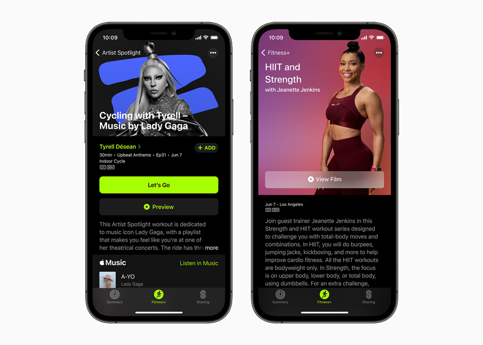 Lady Gaga dans la nouvelle série Artiste en vedette et Jeanette Jenkins à l’honneur dans Fitness+, sur iPhone 12 Pro.