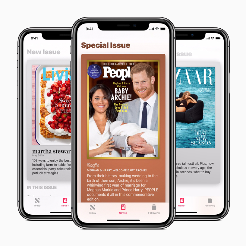 iPhones showing magazine covers in Apple News+ app.