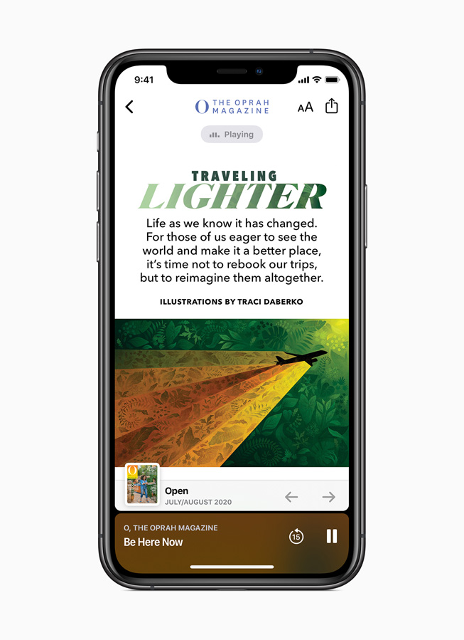 An Apple News+ audio story from O, the Oprah Magazine is displayed on iPhone 11 Pro. 