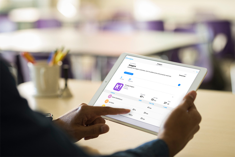 Photo of a teacher using the Schoolwork app on iPad.
