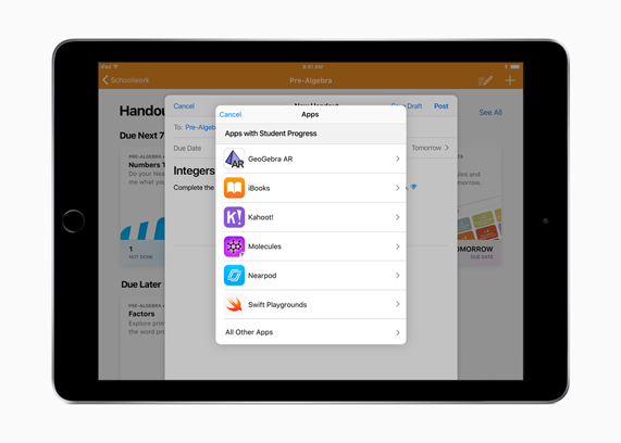 iPad displaying the Schoolwork app student progress screen.