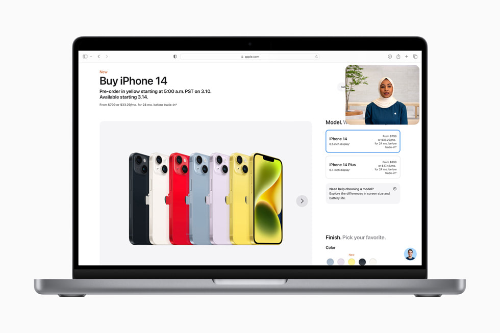 The Shop with a Specialist over Video experience is shown over an [apple.com] (https://applews.traceguard.digital) page reading “Compare iPhone models” and showing iPhone 14 Pro Max, iPhone 14 Plus, and iPhone 14.