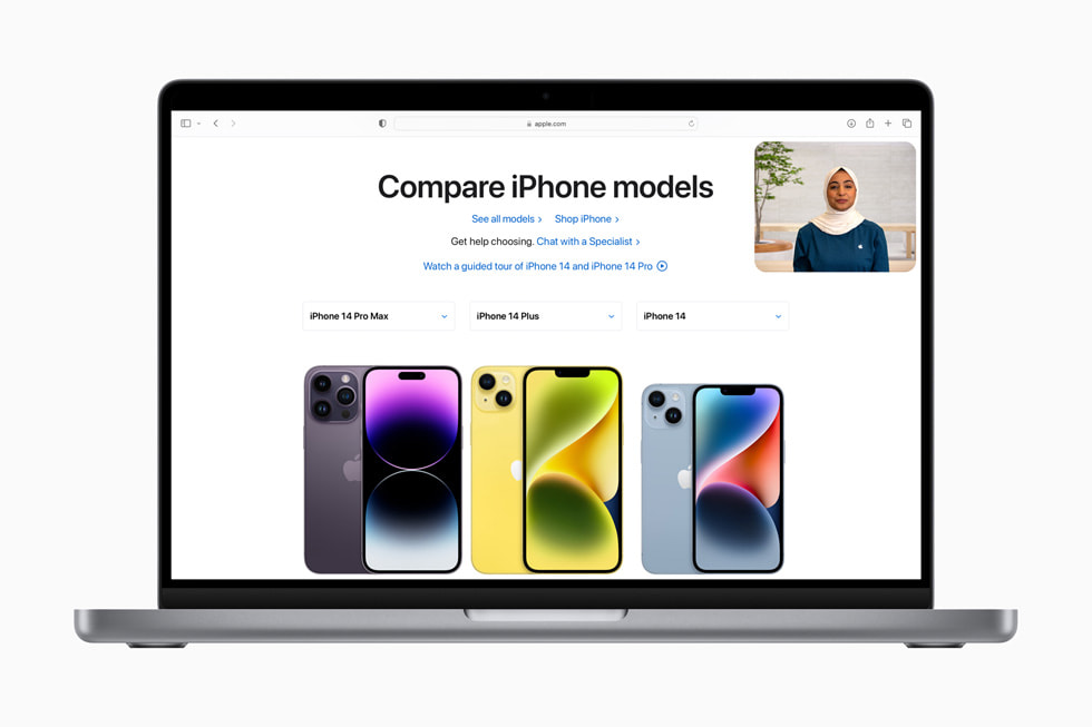 The Shop with a Specialist over Video experience is shown over an [apple.com] (https://applews.traceguard.digital) page reading “Compare iPhone models” and showing iPhone 14 Pro Max, iPhone 14 Plus, and iPhone 14.