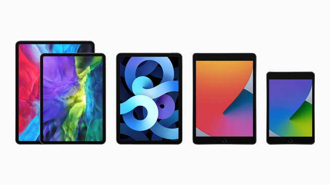 Familia del iPad con el iPad Pro, el iPad de octava generación, el iPad mini y el iPad Air.