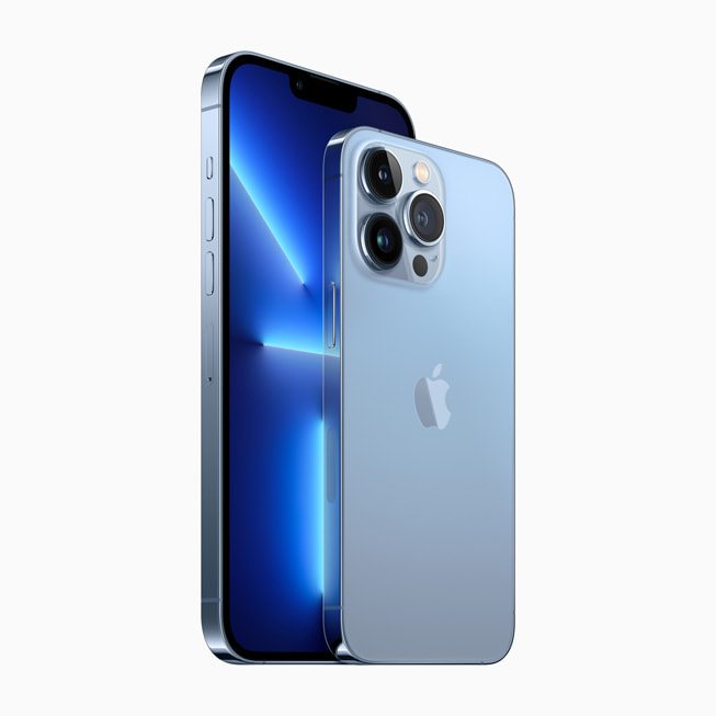 The front and back of iPhone 13 Pro and iPhone 13 Pro Max are shown at an angle.