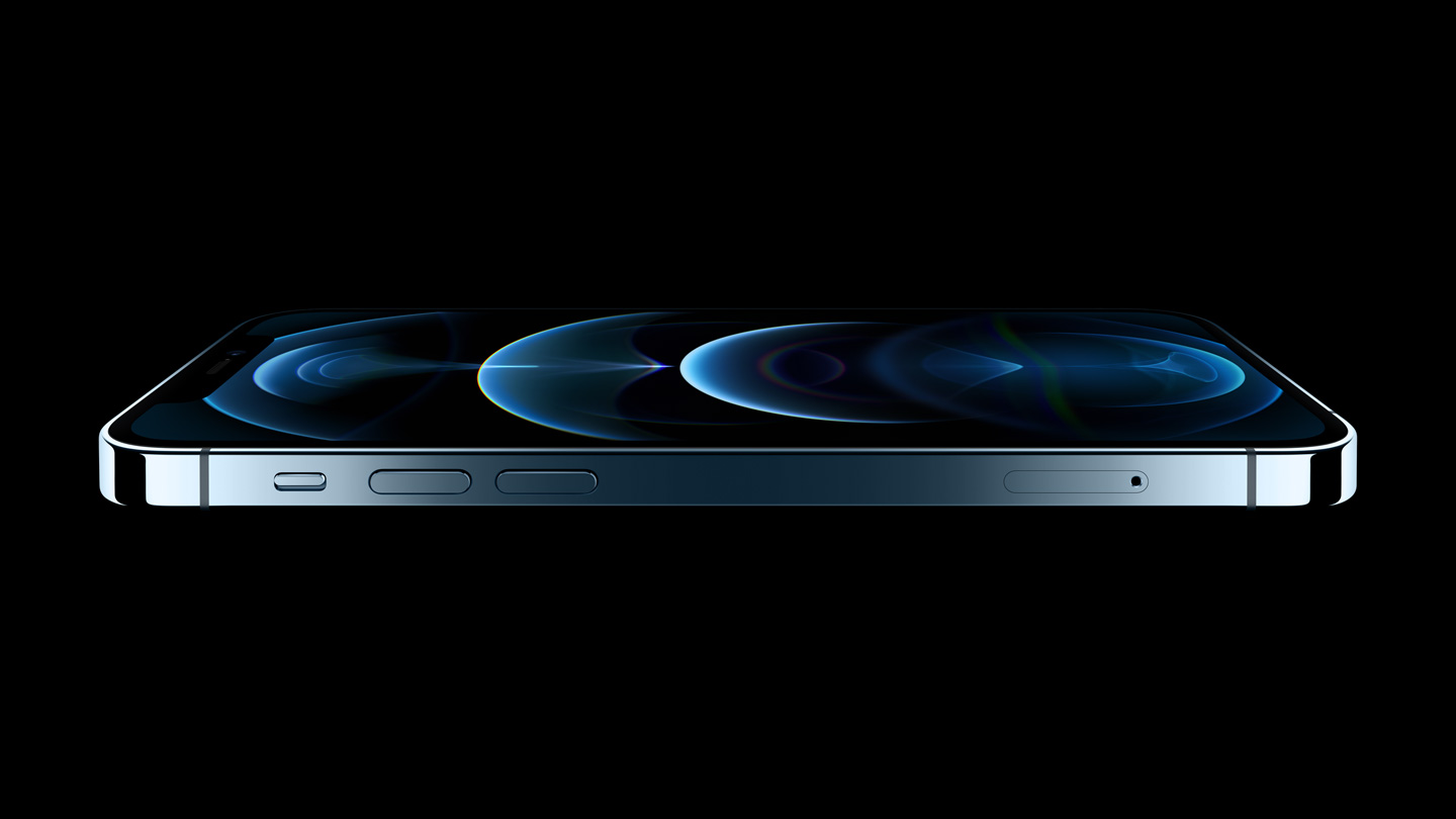 A horizontal profile of iPhone 12 Pro shows off the new flat-edge design and Ceramic Shield front cover.