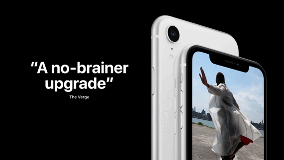 iPhone XR next to animated review text.