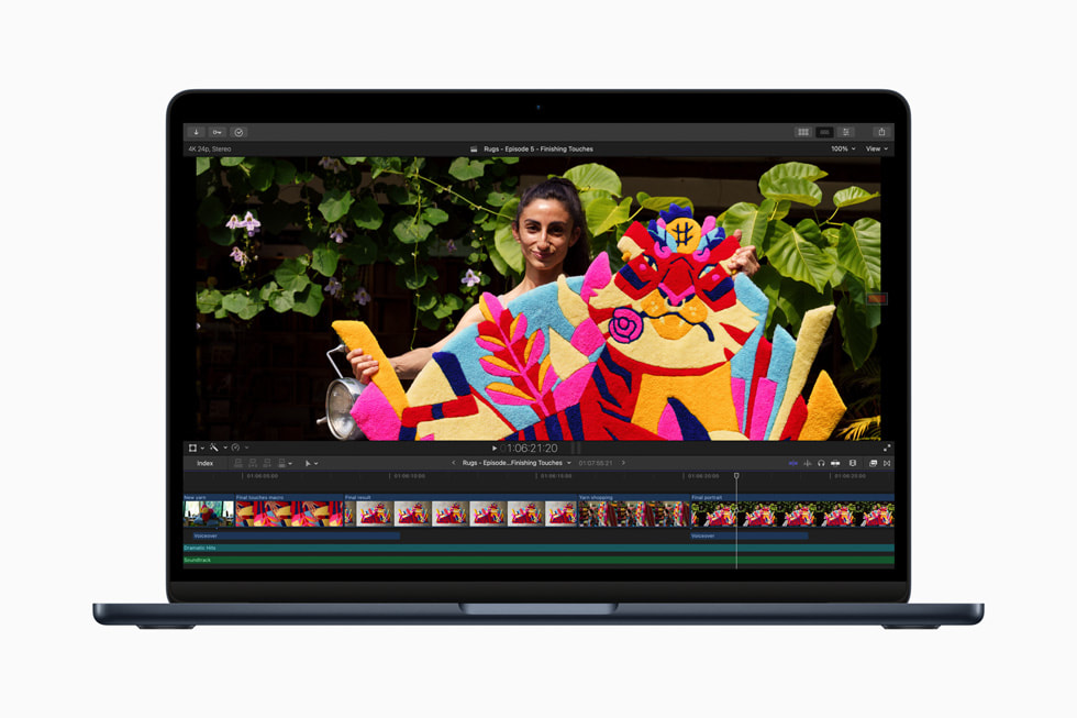 A pro workflow is shown on the screen of the new MacBook Air with M2.
