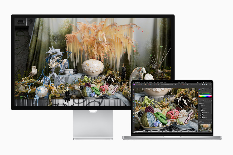 A photo-editing workflow is shown on Studio Display and MacBook Pro.