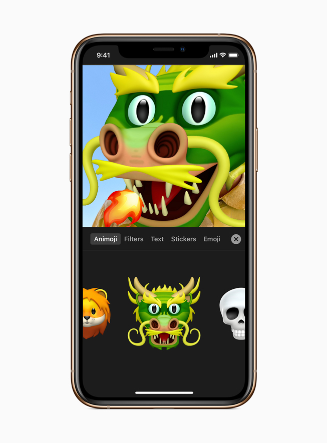 A dragon Animoji in Clips on iPhone 11 Pro.