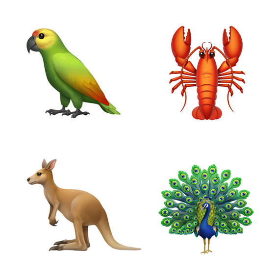 Vier Tier-Emojis im Uhrzeigersinn von oben links: Papagei, Hummer, Pfau und Känguru.