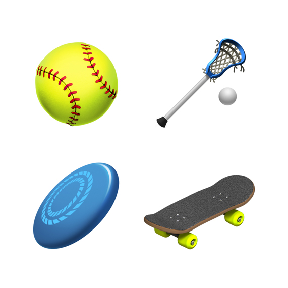 Softball, lacrosse, flying disc and skateboard emoji.