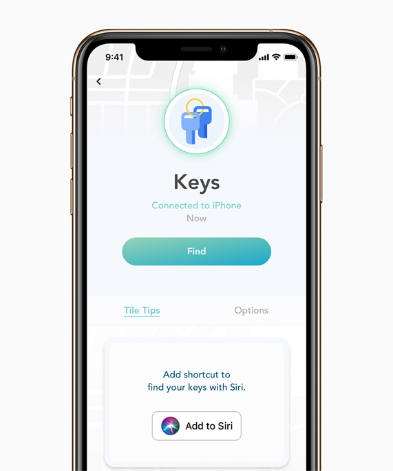 iPhone showing screen with Siri Shortcut option to find your keys.