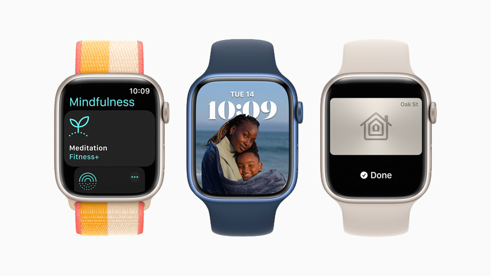 Three Apple Watch Series 7 watches are shown with watchOS 8.