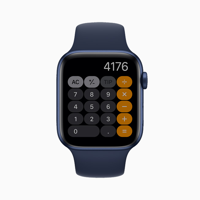 The Always-On display of the Calculator app, shown on Apple Watch Series 6.