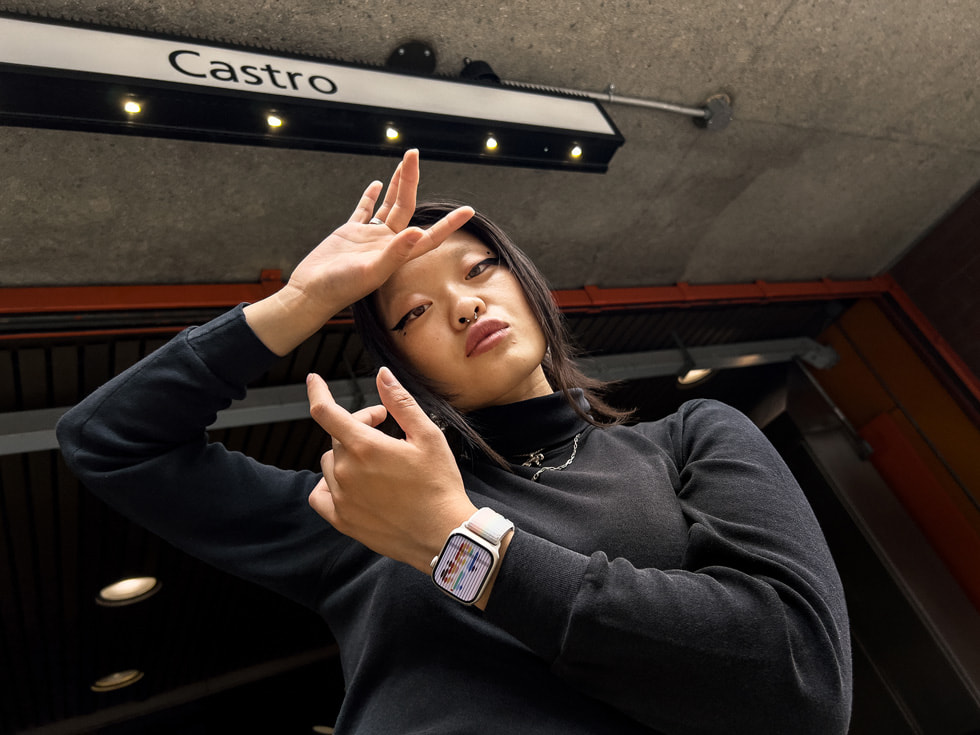 Jin Lee Baobei wearing the new Apple Watch Pride Edition Sport Loop band. The “Places of Pride” Shot on iPhone campaign showcases places of historic significance to the LBGTQ+ movement.