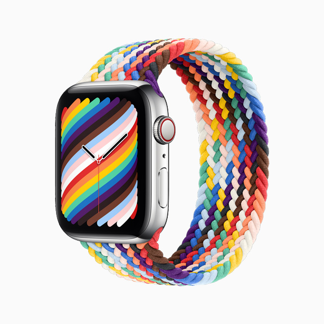 Side view of the Pride Edition Braided Solo Loop and face for Apple Watch.