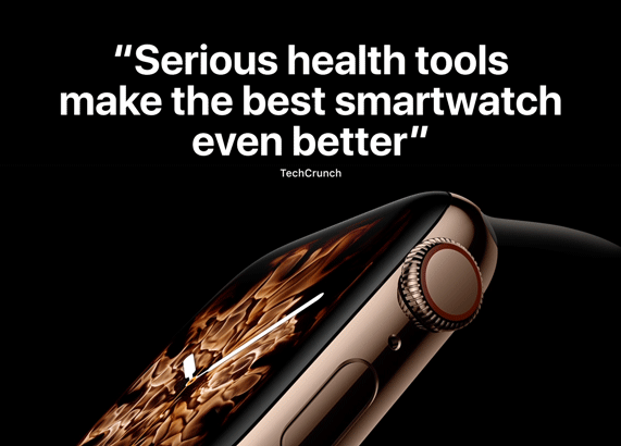 Apple Watch Series 4 next to animated review text.