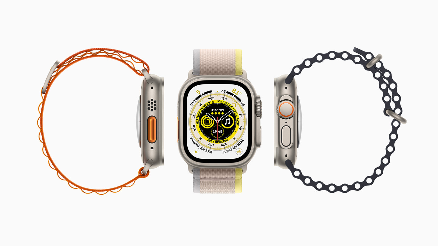 Drei Apple Watch Ultra Modelle, jedes mit einem anderen Armband, sind von der Seite und von oben zu sehen.