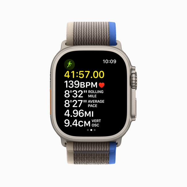 Apple Watch Ultra zeigt sechs Messwerte auf einmal – inklusive Dauer, Herzfrequenz, rollende Pace, durchschnittliche Pace, Strecke und vertikale Bewegung.