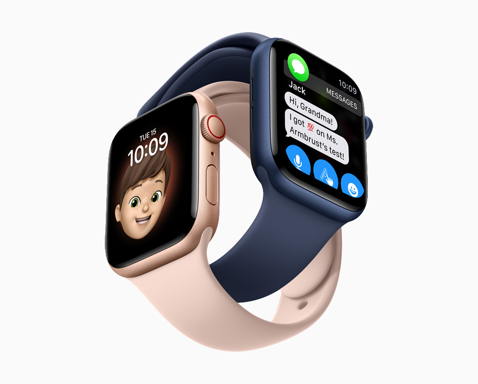 Apple Watch 上的 Memoji 錶面與「訊息」。 