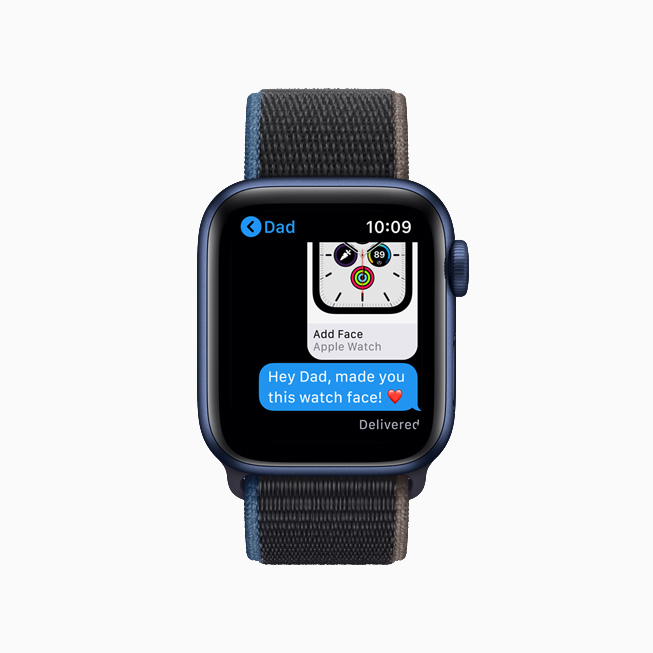Apple Watch 上「訊息」中的錶面分享。 