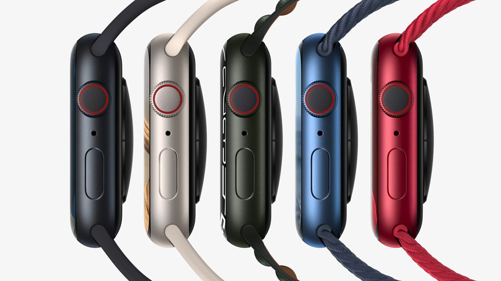 Five Apple Watch Series 7 are shown at an angle that shows their left side.