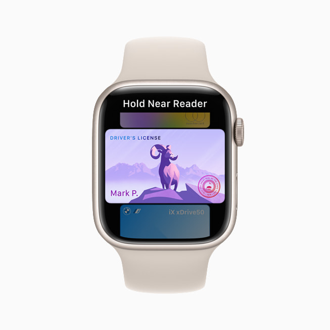 A driver’s license is shown on Apple Watch Series 7 inside Wallet.