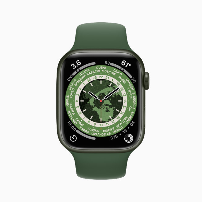 Apple Watch Series 7’s classic World Time face is shown.