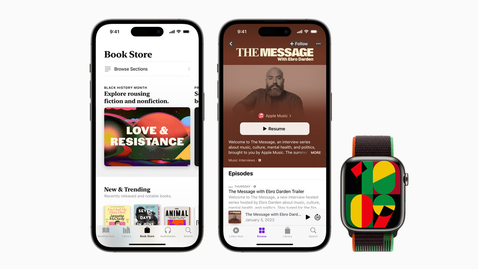Two iPhones and one Apple Watch show Apple Books, Apple Podcasts, and the new Unity wallpaper.
