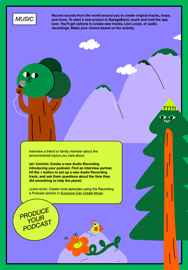 Un’illustrazione della pagina dedicata alle attività musicali della Guida da campo di Apple, con informazioni su come registrare suoni e produrre un podcast.