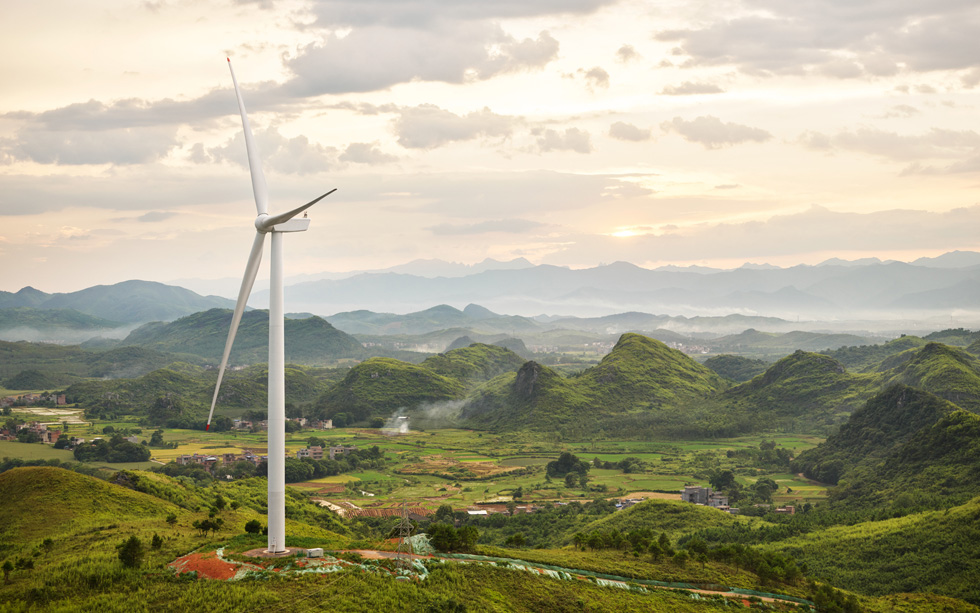 A wind turbine in Dao County in Hunan, China. 