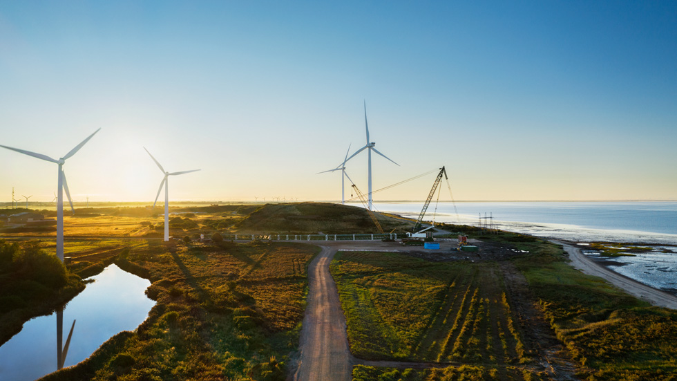 Chantier de construction près des éoliennes côtières