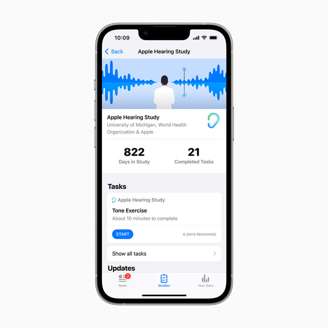 An iPhone screen shows a user’s view of the Apple Hearing Study.