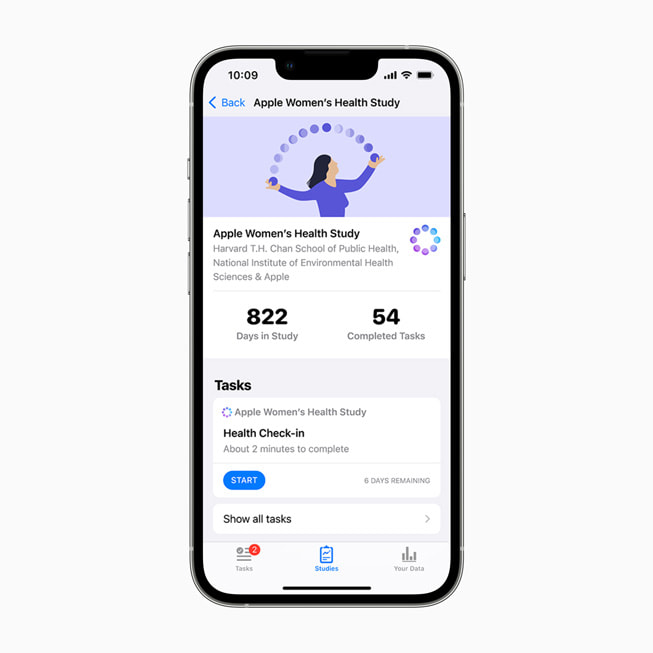 An iPhone screen shows a user’s view of the Apple Women’s Health Study.
