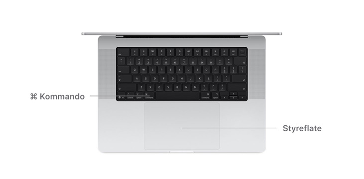 14-tommers MacBook Pro vises ovenfra med linjer som viser hvor Kommando-tasten og styreflaten er.
