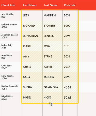 A white and red spreadsheet with client info, Magic Fill feature indicating filled out empty cells in yellow