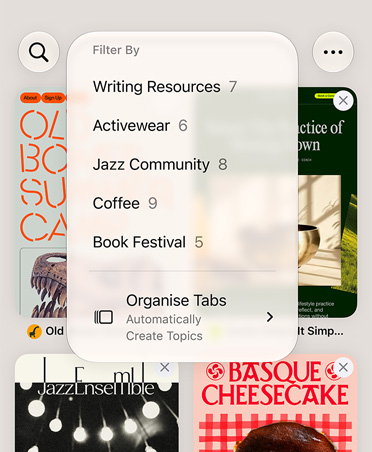 iPhone Safari browser, displaying the Filter menu with categories like Writing Resources, Activewear, Jazz Community, Coffee and Book Festival, with Automatically Organise option selected