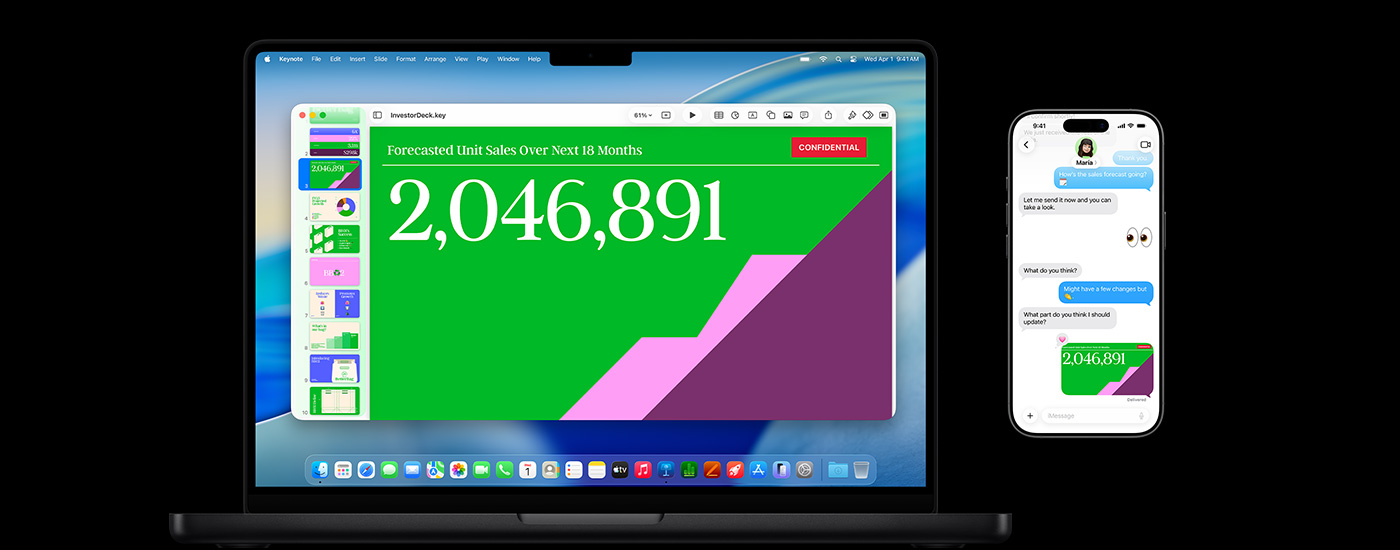A Mac shows a presentation and macOS Tahoe wallpaper. In front of the Mac is an iPhone with the same presentation inside a text message exchange.