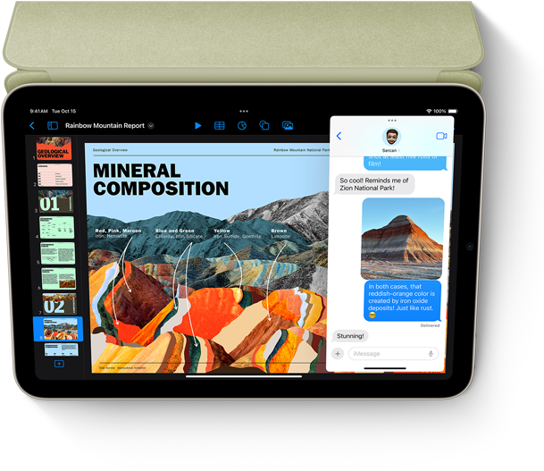 Ustawiony poziomo iPad mini wyświetlający aplikacje Keynote i Wiadomości w widoku Slide Over.