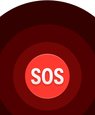 Pictograma S.O.S. urgențe, cercuri roșii concentrice cu un S.O.S. alb în centru