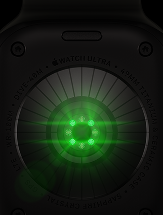 Partea posterioară a Apple Watch Ultra 4, carcasă din titan, culoare Negru, multipli senzori rotunzi cu lumini LED verzi aprinse