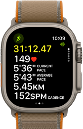 Apple Watch Ultra 4, carcasă din titan, culoare Natural, măsurători avansate de antrenament pentru Alergare afară, partea exterioară dreaptă, Digital Crown, buton lateral reliefat, brățară Montană, culoare Nisip