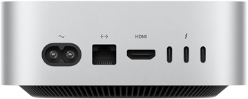 Mac mini, vedere spate, priză de alimentare, port Ethernet, port HDMI, trei porturi Thunderbolt
